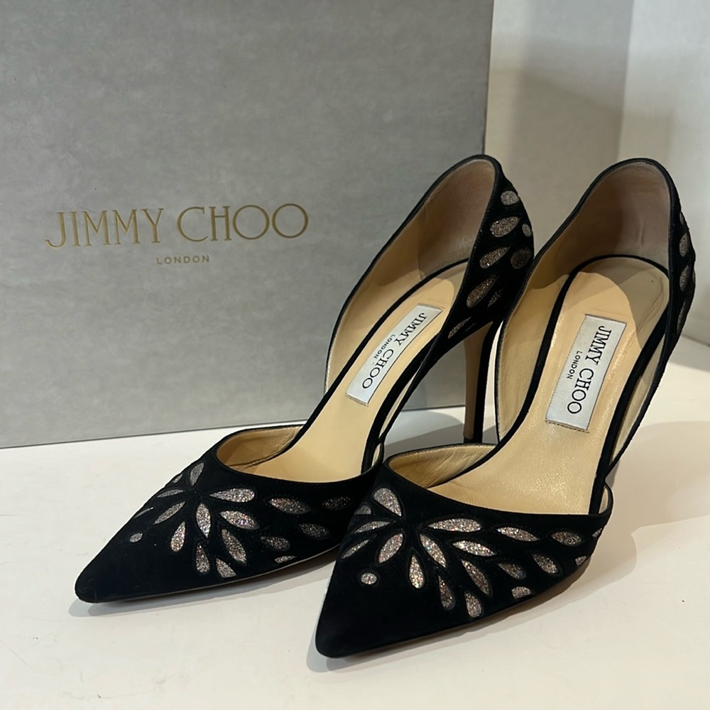 Jimmy Choo Black Suede and Glitter Pump 85 (37.5)